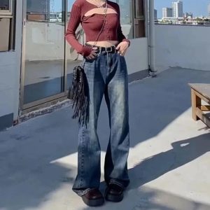 Y2K Vintage Wash Flare Jeans for Retro 90s Grunge Summer Outfits