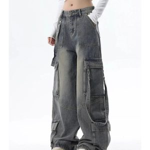 Y2K Wide-Leg Cargo Jeans: Retro 90s Grunge Style for Effortless Chic