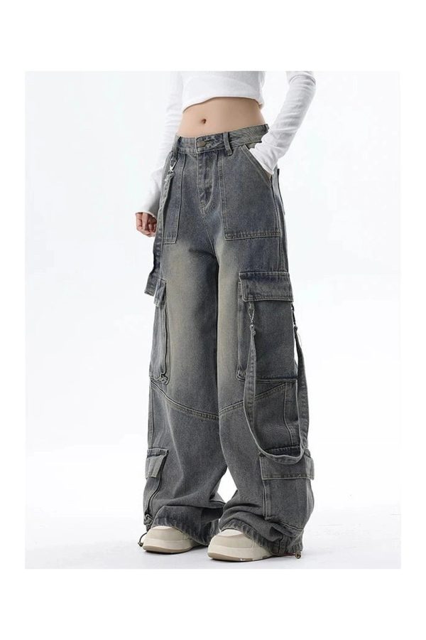 Y2K Wide-Leg Cargo Jeans: Retro 90s Grunge Style for Effortless Chic