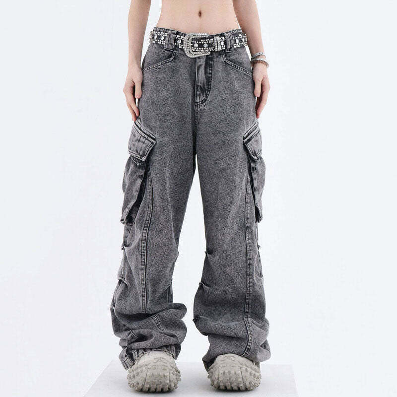 Y2K Wide Leg Cargo Jeans: Retro 90s Grunge Style for Effortless Chic