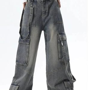 Y2K Wide-Leg Cargo Jeans: Retro 90s Grunge Style for Effortless Chic