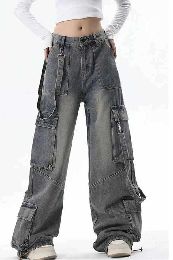 Y2K Wide-Leg Cargo Jeans: Retro 90s Grunge Style for Effortless Chic