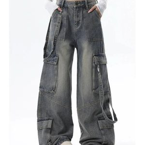 Y2K Wide-Leg Cargo Jeans: Retro 90s Grunge Style for Effortless Chic