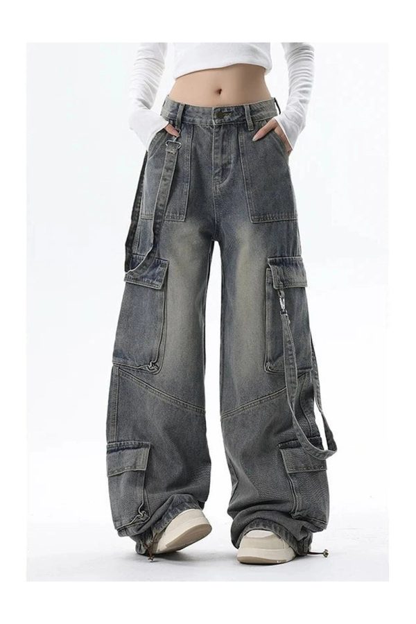 Y2K Wide-Leg Cargo Jeans: Retro 90s Grunge Style for Effortless Chic