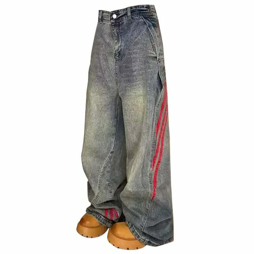 Y2K Wide Leg Red Stripe Jeans - Retro 90s Grunge Fashion Statement